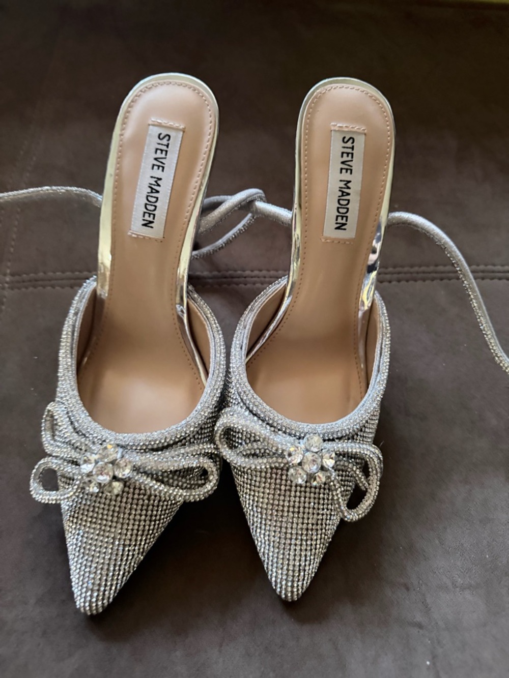Steve Madden Silver Crystal Bow Pointed Toe Mules